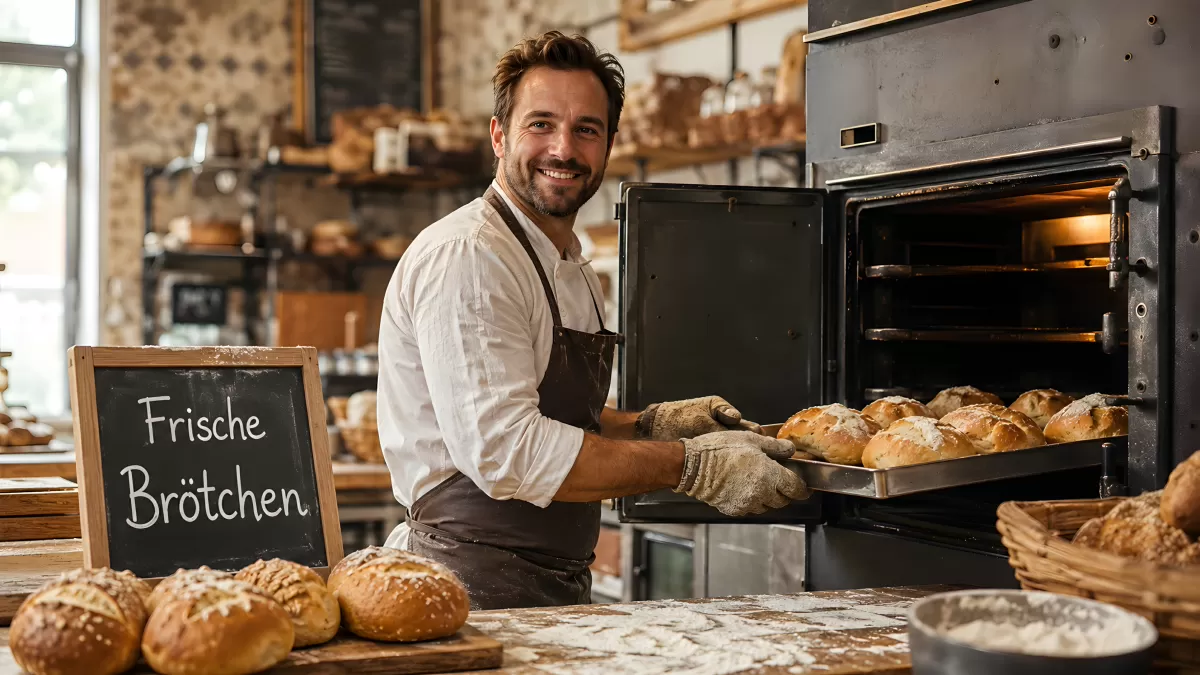 Bäcker zieht frische Brötchen aus dem Ofen