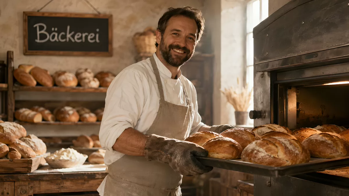 Bäcker zieht frische Brotlaibe aus dem Steinofen