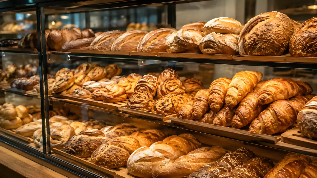 Bäckerei-Regal mit Broten, Croissants und Gebäck