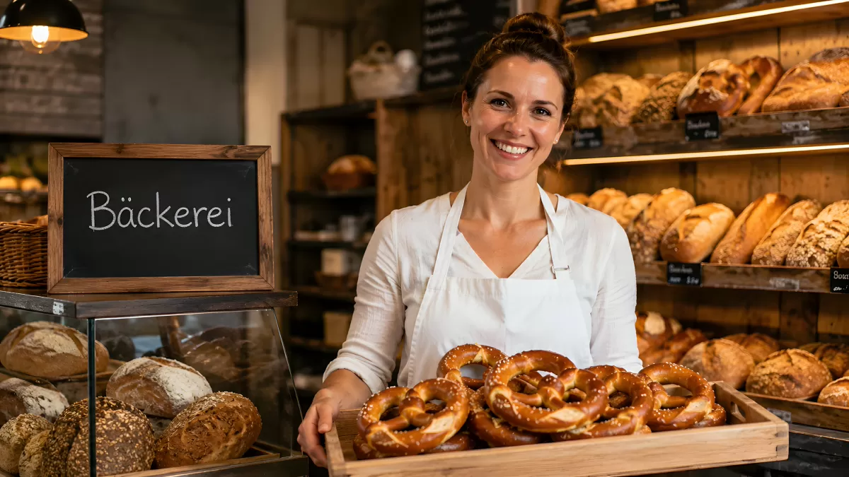 Bäckerei-Verkäuferin präsentiert frische Brezeln