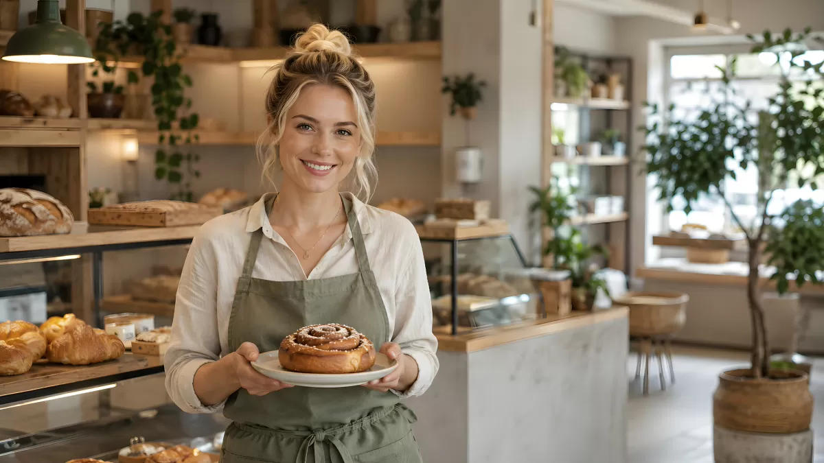 Bäckereimitarbeiterin präsentiert frischen Zimtschnecken