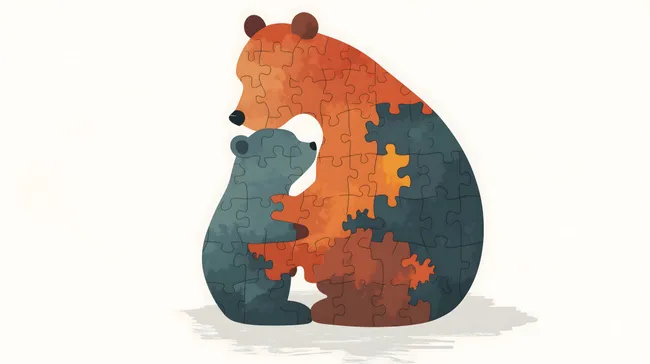 Bärenfamilie in Puzzleform: Mutter und Junges kuscheln