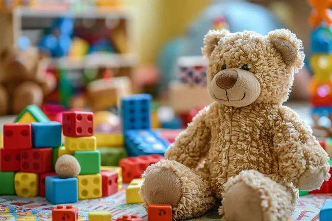Bärenförmiges Kuscheltier umgeben von bunten Bauklötzen