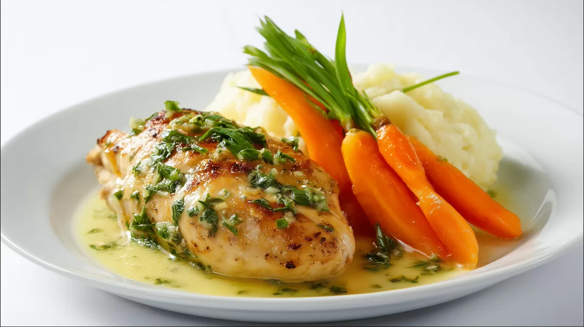 Bärlauch-Butter-Hähnchen mit Karotten und Püree