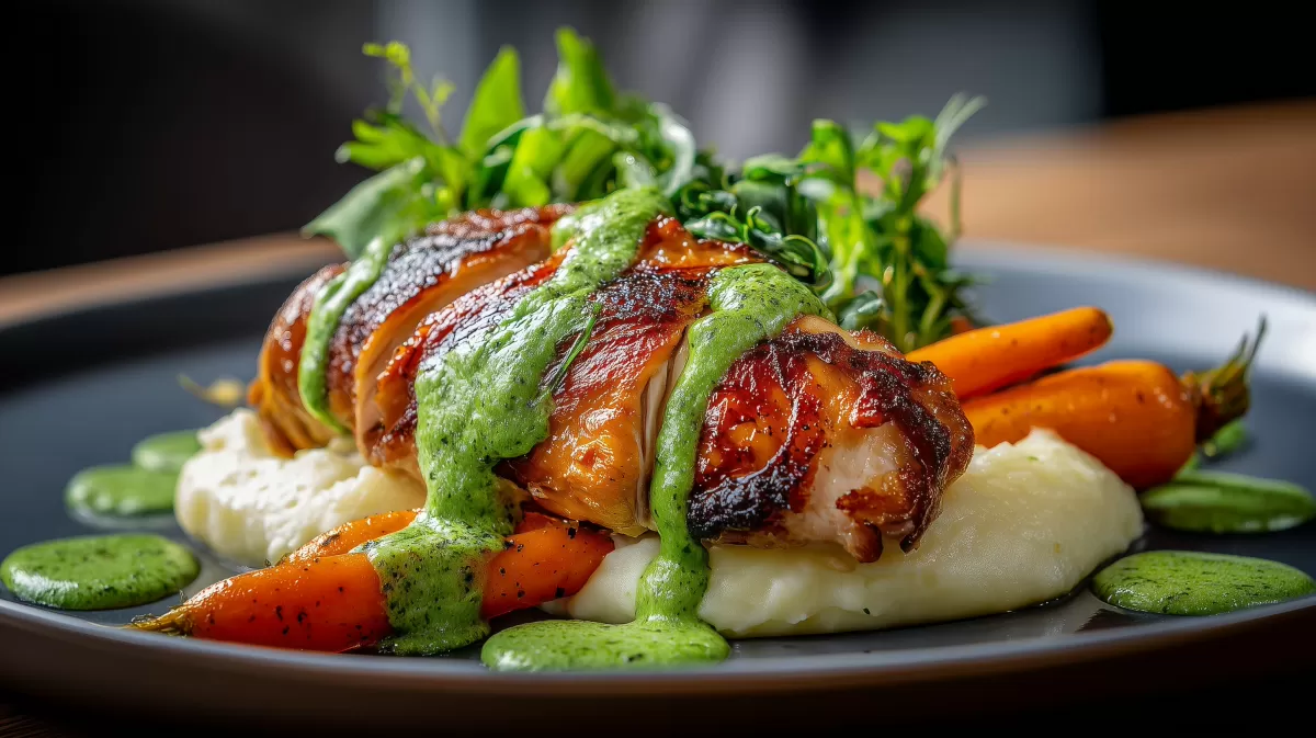 Bärlauch-Butter-Hähnchen mit Kartoffelpüree und Karotten