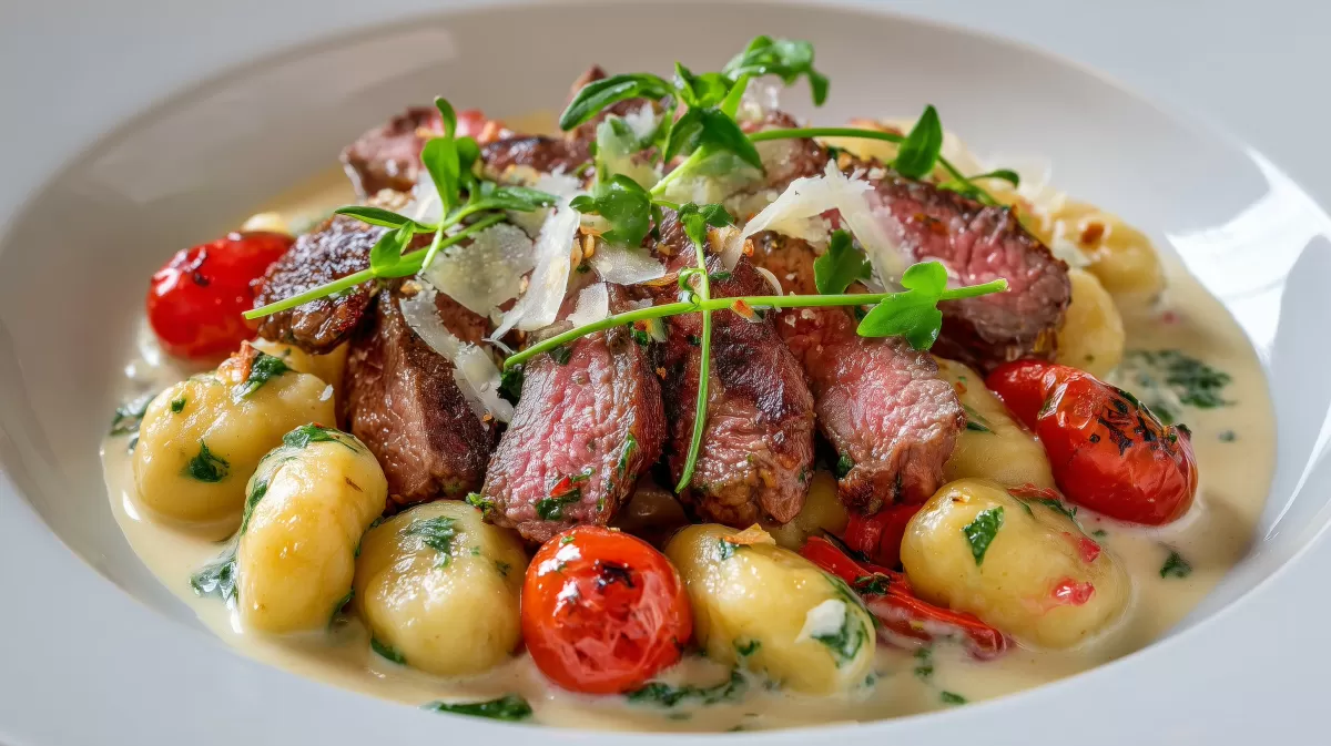 Bärlauch Gnocchi mit Steakstreifen und Sahnesauce