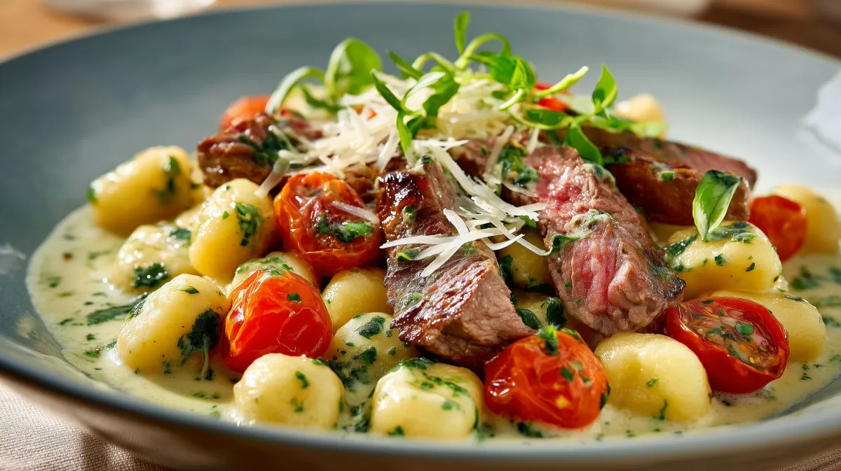 Bärlauch Gnocchi mit Steakstreifen und Tomaten