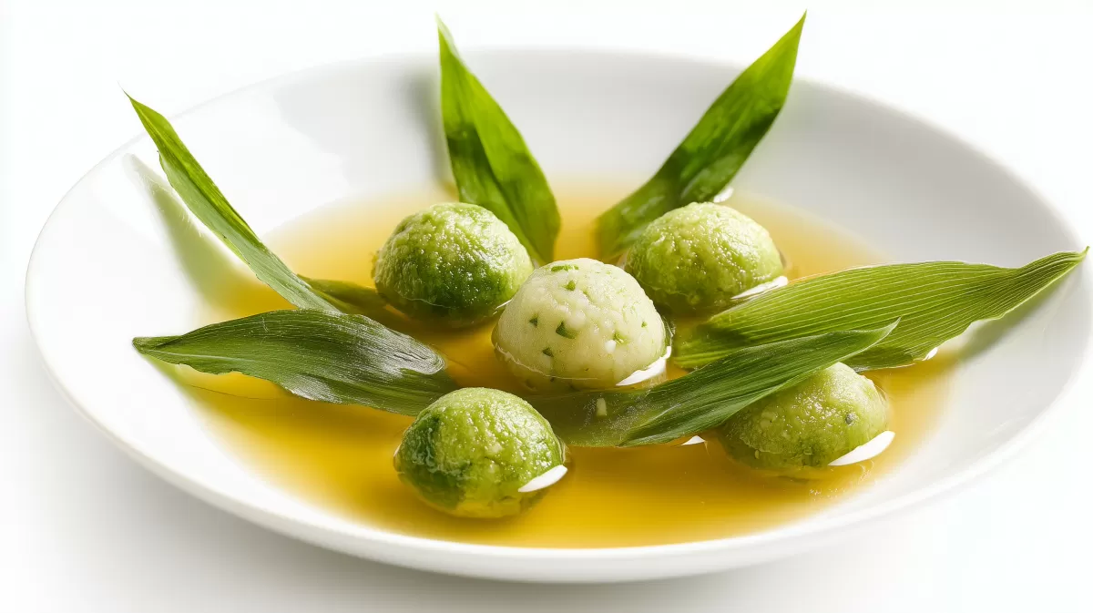 Bärlauch Grienockerl in goldener Brühe angerichtet