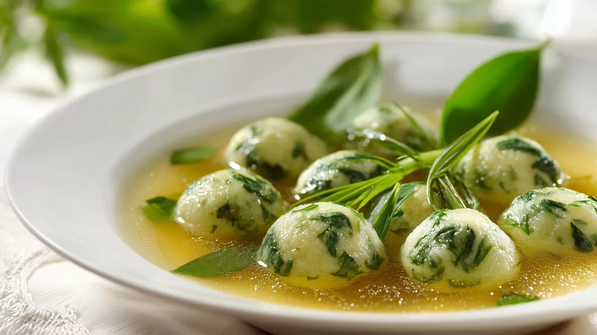 Bärlauch Grünockerl in goldener Bouillon serviert