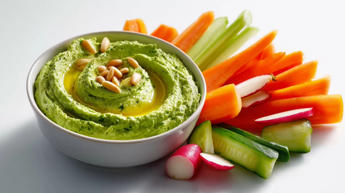 Bärlauch Hummus mit Crudités und Pinienkernen
