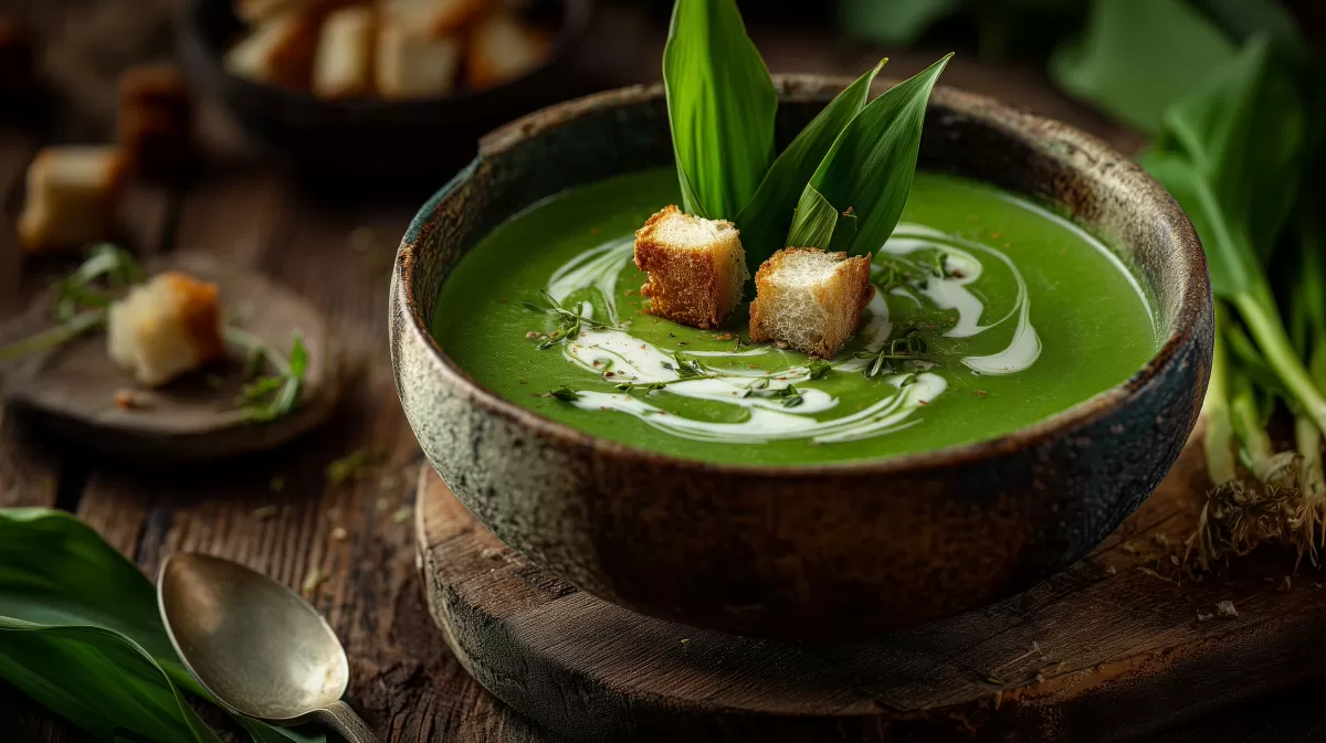 Bärlauch Kartoffel Suppe mit Croutons im Tonschälchen