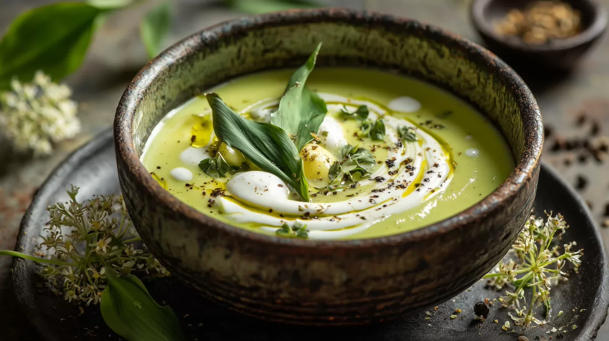 Bärlauch Kartoffel Suppe mit Sahne und Olivenöl