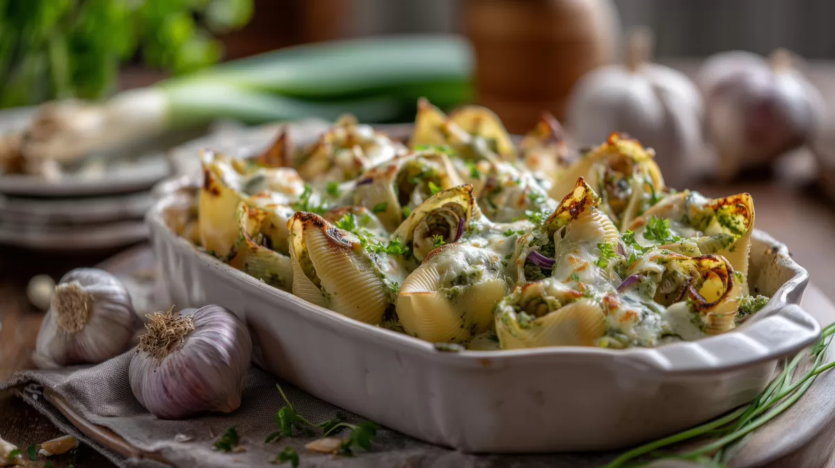 Bärlauch Nudelauflauf mit Dinkelmuscheln überbacken