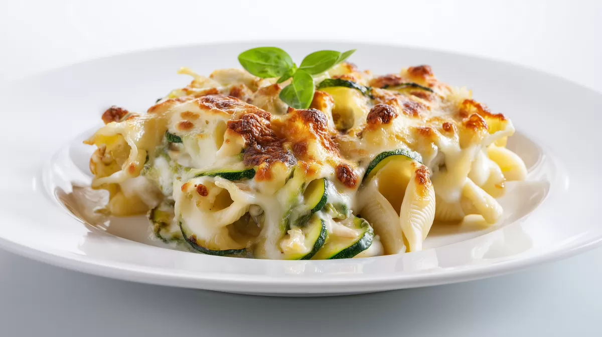 Bärlauch Nudelauflauf mit Dinkelmuscheln und Zucchini