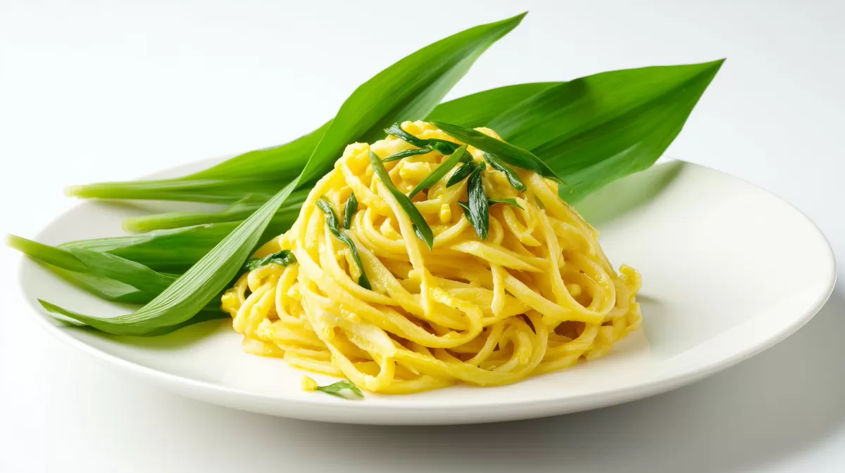 Bärlauch Nudeln mit frischen Blättern auf Teller