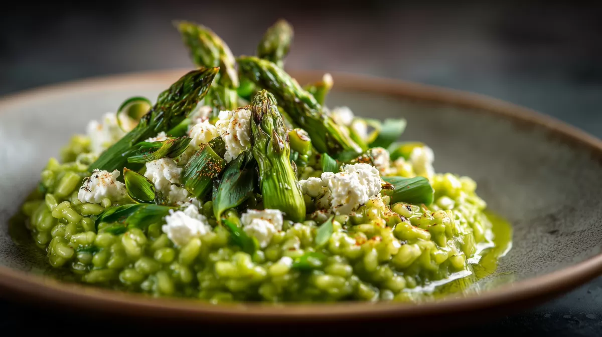 Bärlauch Risotto mit Spargel und Feta auf Teller