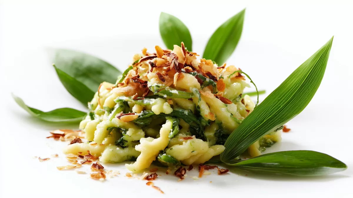 Bärlauch-Spätzle mit gerösteten Mandeln auf Weiß