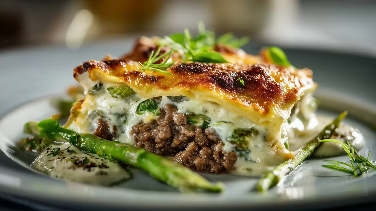 Bärlauch Spargel Lasagne mit Dinkel auf Teller