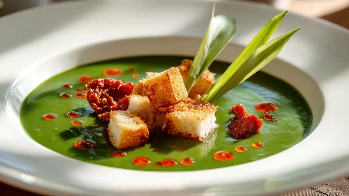 Bärlauchcremesuppe mit Croutons und Chorizo