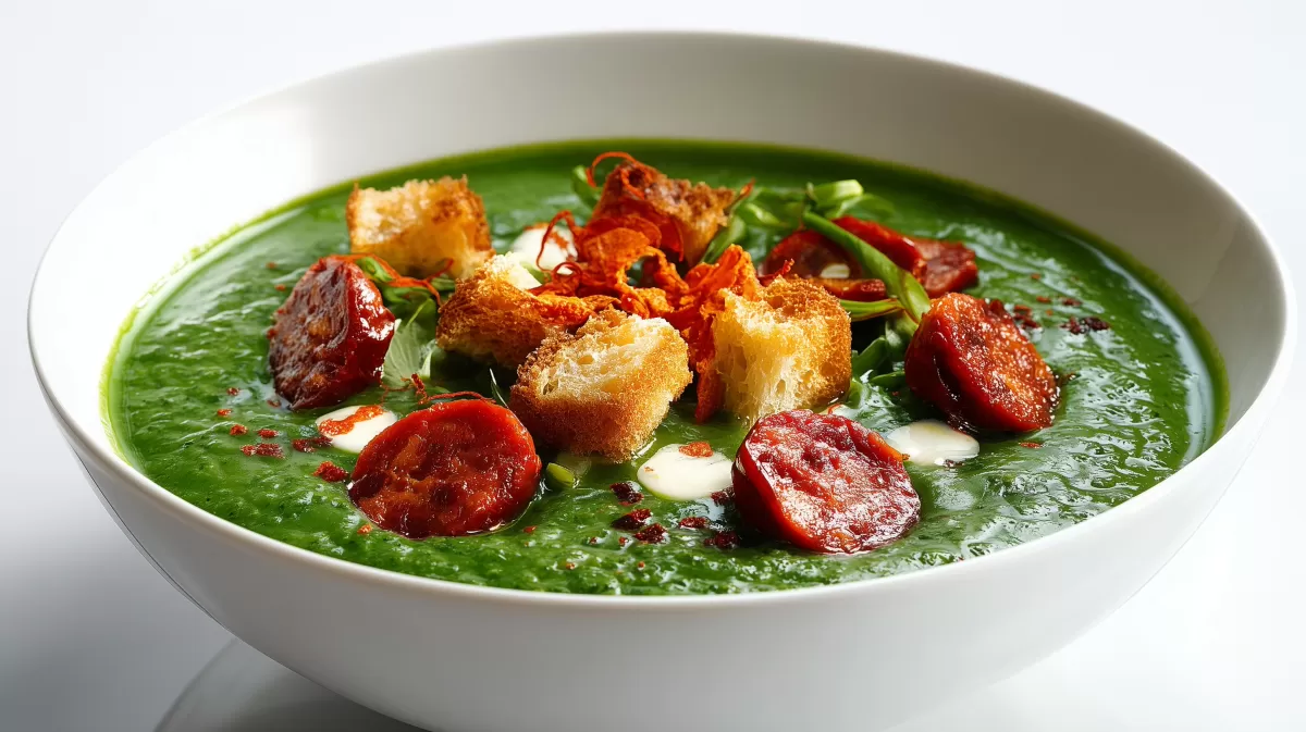 Bärlauchcremesuppe mit Croûtons und gebratener Chorizo