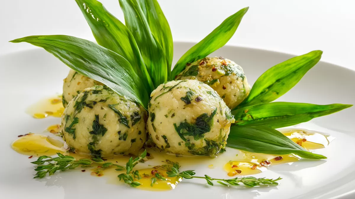 Bärlauchknödel auf weißem Teller mit Olivenöl