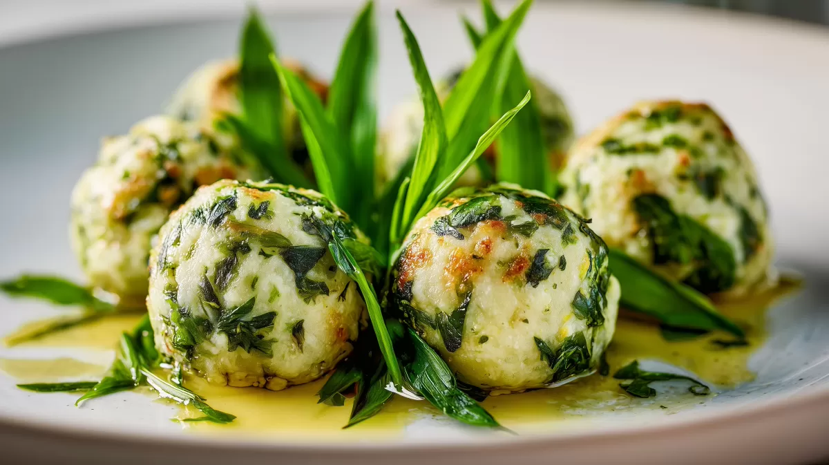 Bärlauchknödel mit Buttersauce auf weißem Teller