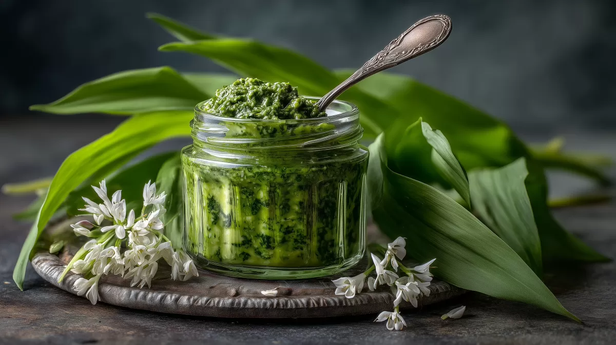 Bärlauchpesto im Glas mit frischen Blättern