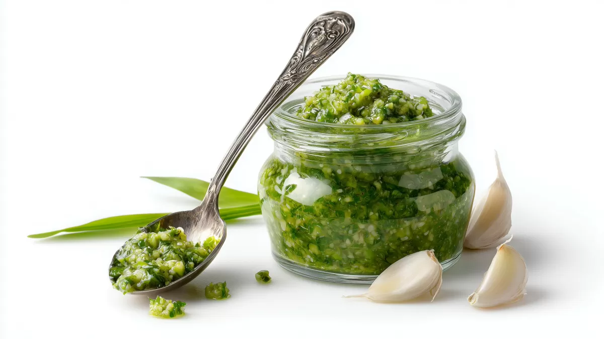 Bärlauchpesto im Glas mit Knoblauch und Löffel