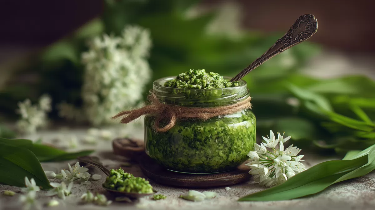 Bärlauchpesto im Glas mit weißen Bärlauchblüten