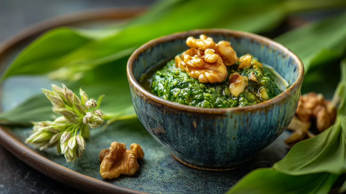 Bärlauchpesto mit gerösteten Walnüssen in blauer Schale