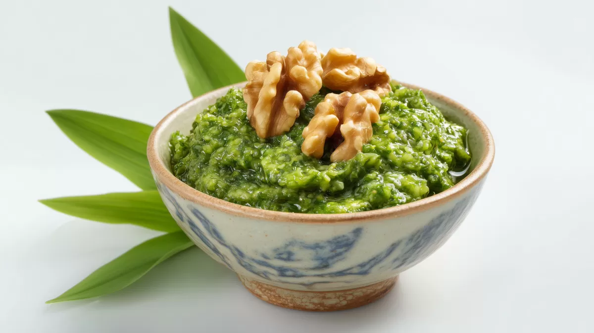 Bärlauchpesto mit gerösteten Walnüssen in Schale