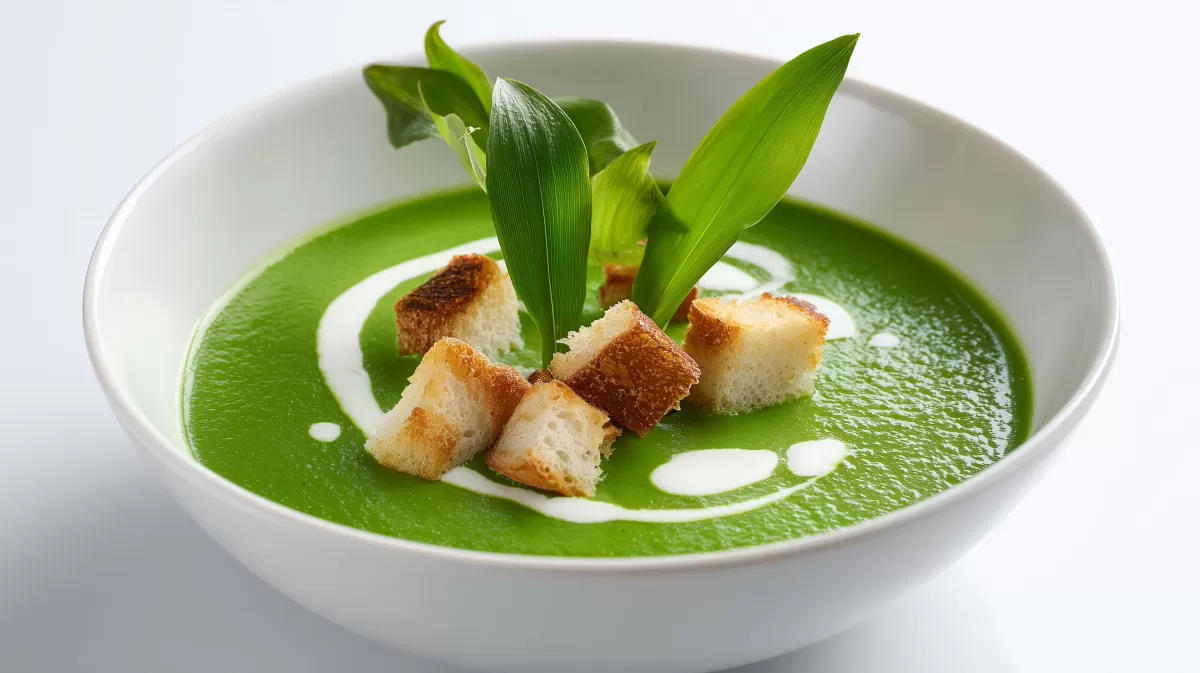 Bärlauchsuppe mit Crotons und Sahne im Teller