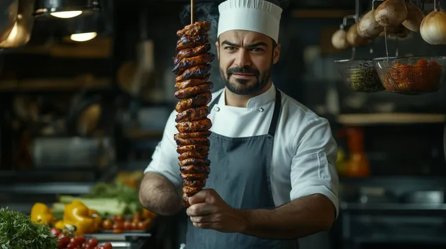 Bärtiger Chefkoch präsentiert gegrillte Kebab-Spieße