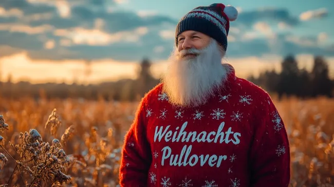 Bärtiger Mann im Weihnachtspullover in winterlicher Landschaft