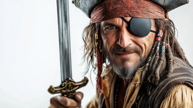 Bärtiger Pirat mit Augenklappe und Schwert