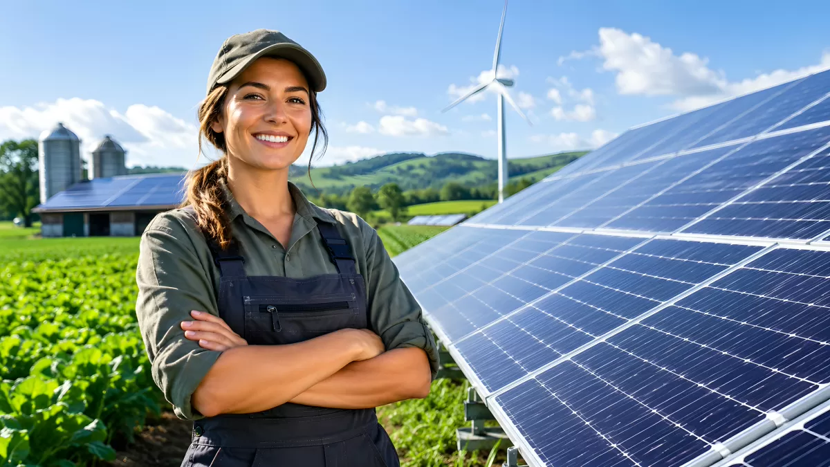 Bäuerin mit Solaranlage und Windrad auf dem Hof