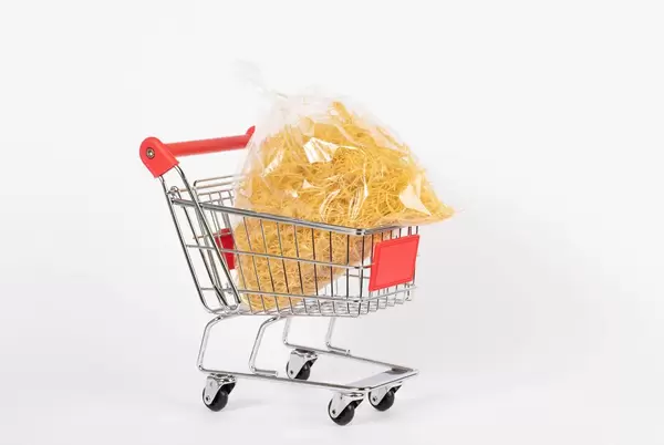 Bag of pasta in shopping cart