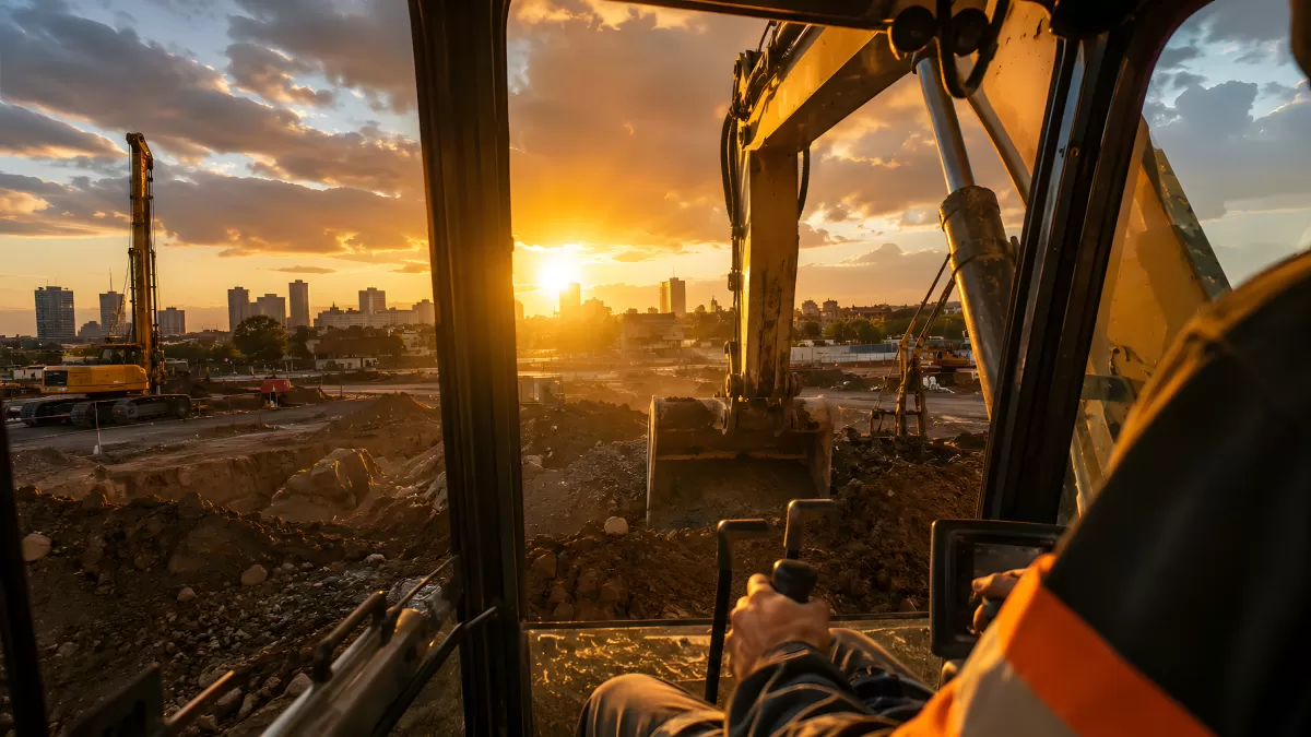 Baggerführer im Cockpit auf Großbaustelle bei Sonnenuntergang