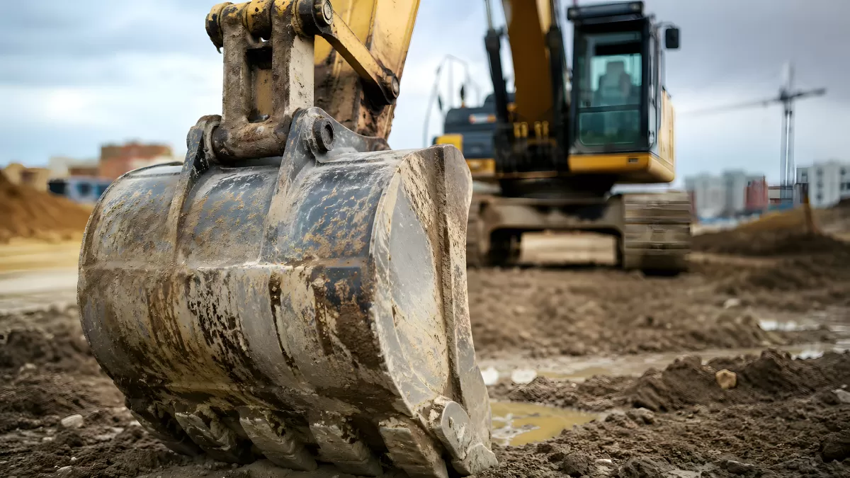 Baggerschaufel auf einer Baustelle aus der Nähe
