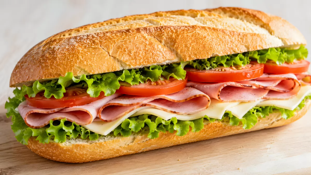 Baguette-Sandwich mit Schinken, Tomaten und Salat