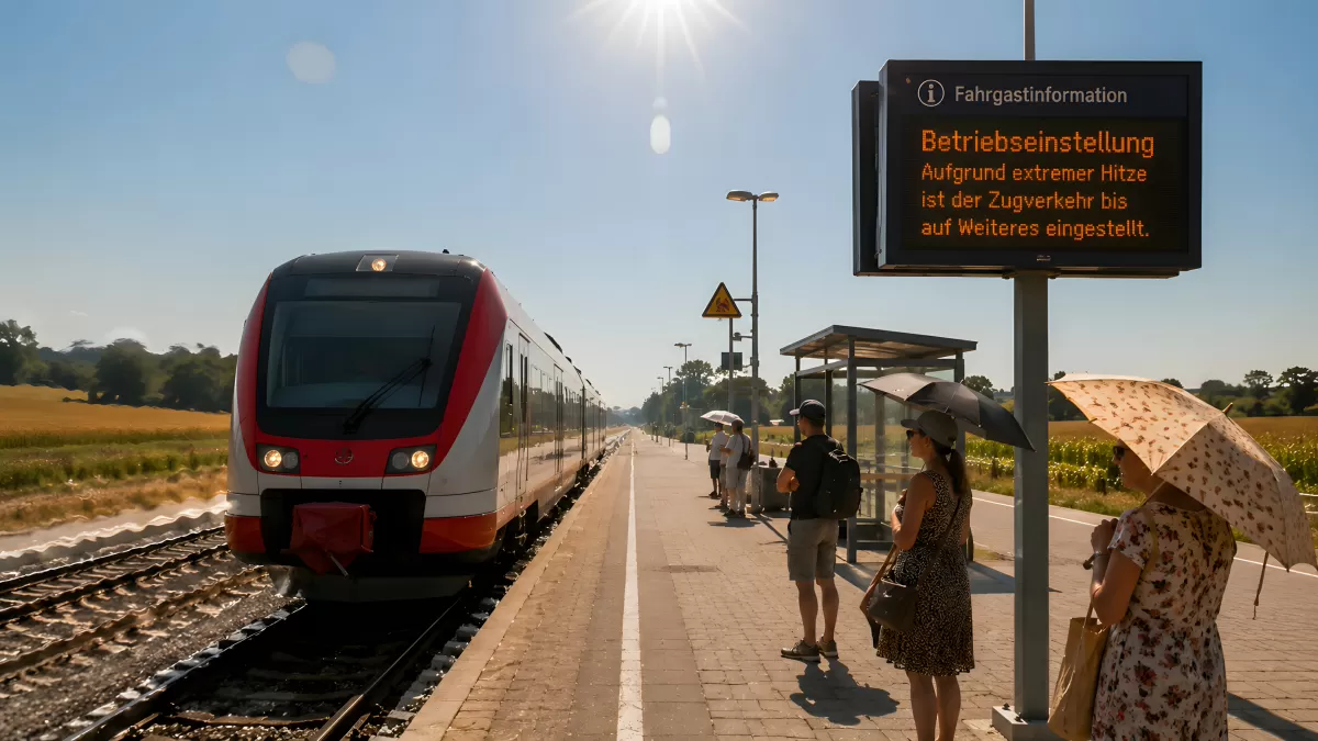 Bahnsteig bei Hitze mit Betriebseinstellung-Anzeige
