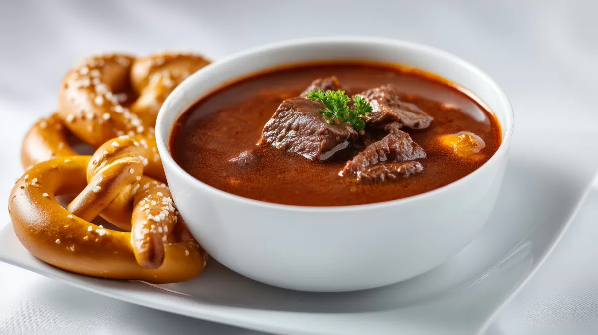 Bairische Gulaschsuppe mit Breze auf weißem Teller