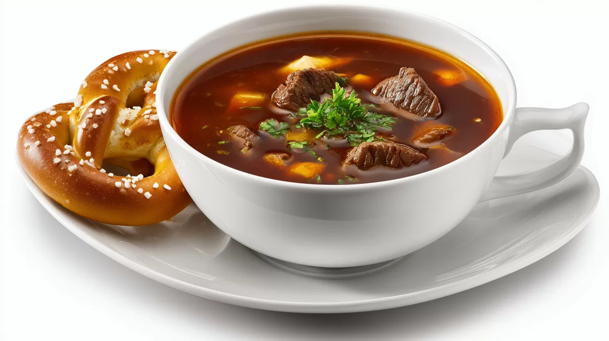 Bairische Gulaschsuppe mit Brezen auf weißem Teller