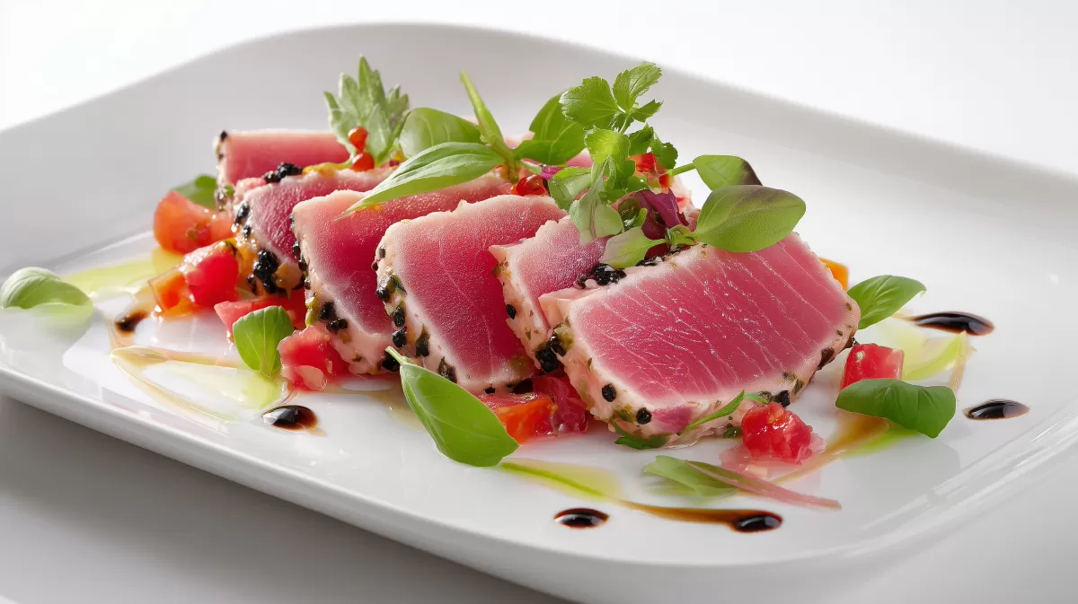 Bajan Thunfisch mit Kräutern auf weißem Teller