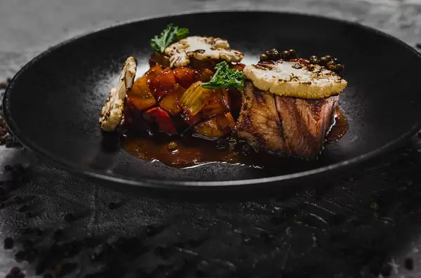 Baked Cauliflower With Juicy Stake Meat  And Veggies,Capper Sauce Macro Moody