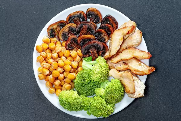 Baked chicken breast and mushrooms with chickpeas and fresh broccoli. Top view (Flip 2019)