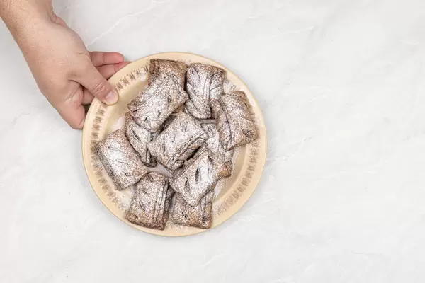 Baked Puff Pastry with Chocolate served on the plate with copy space