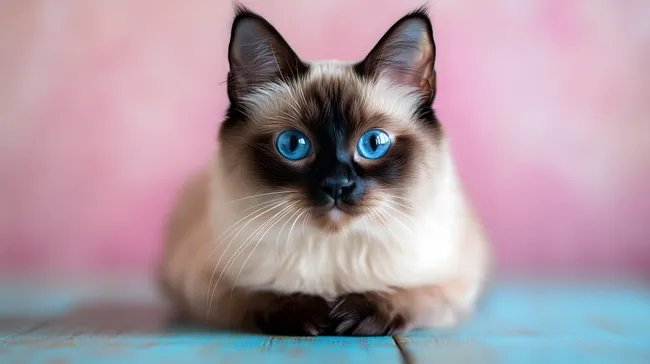 Balinesen-Katze mit leuchtenden Augen vor rosafarbenem Hintergrund