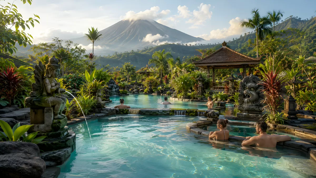 Balinesisches Thermalpool-Resort mit Vulkanblick