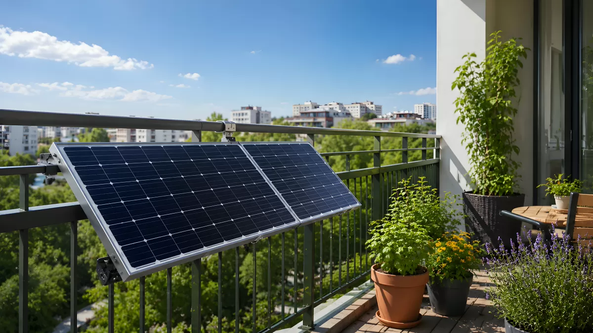 Balkonkraftwerk auf Apartment-Balkon im Sommer